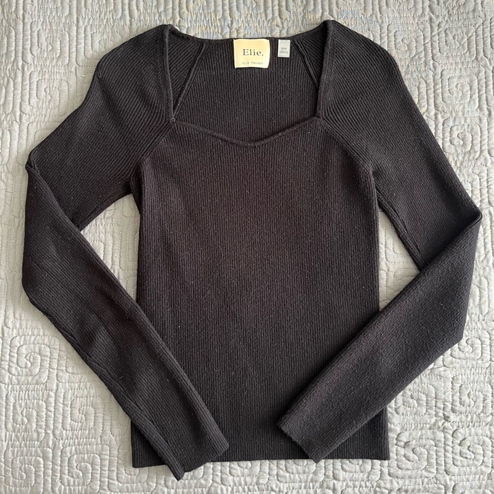 Elie Tahari Black Contour Neck Ribbed Sweater